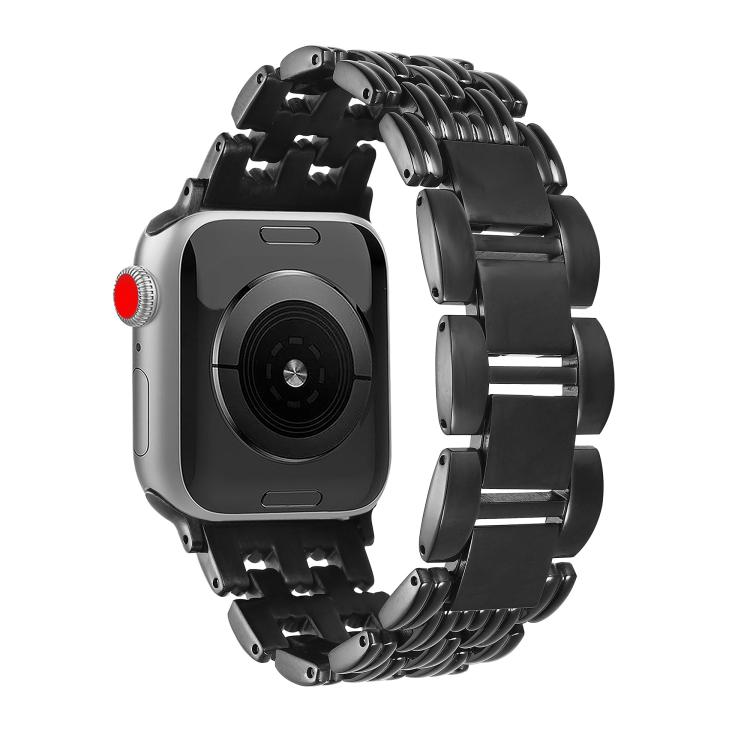 Black stainless steel Apple Watch band with linked five-bead detailing.