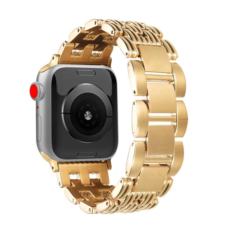Gold five-bead stainless steel watch band attached to a smartwatch