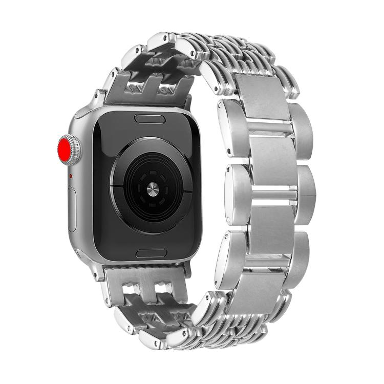 Silver stainless steel Apple Watch band with wide center links.