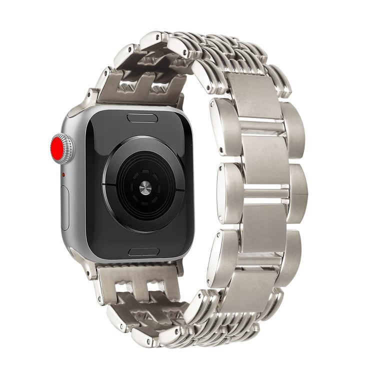 Silver stainless steel watch band with five-bead links attached to a smartwatch