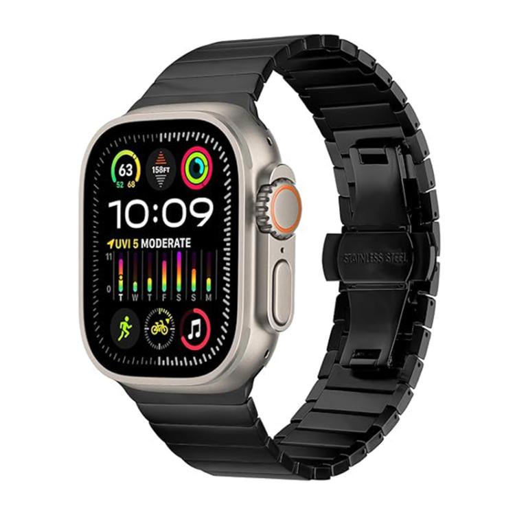 Black titanium alloy link watch band with a smartwatch and butterfly clasp