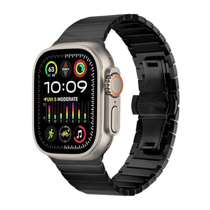 Black titanium alloy link watch band with a smartwatch and butterfly clasp