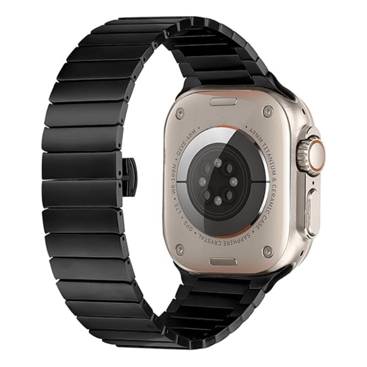Black metal link watch band shown with the back of a smartwatch