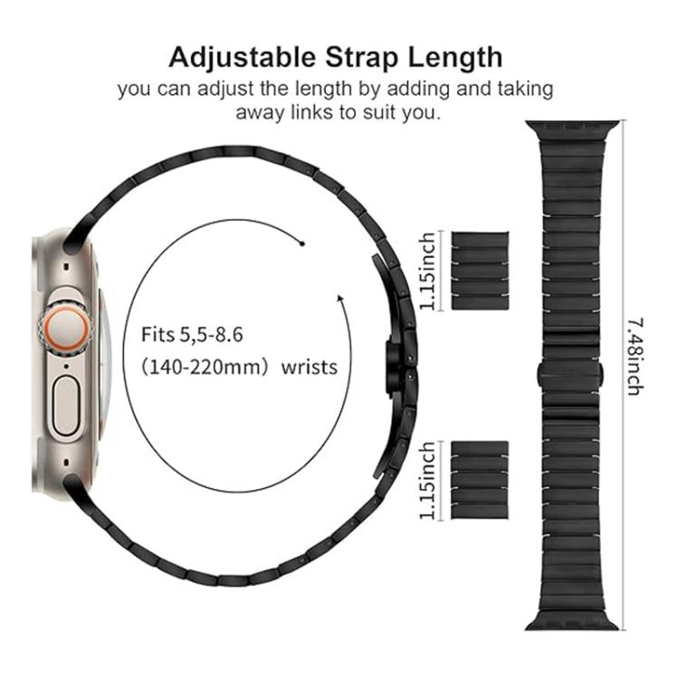 Black adjustable metal link watch band with removable links and length measurements