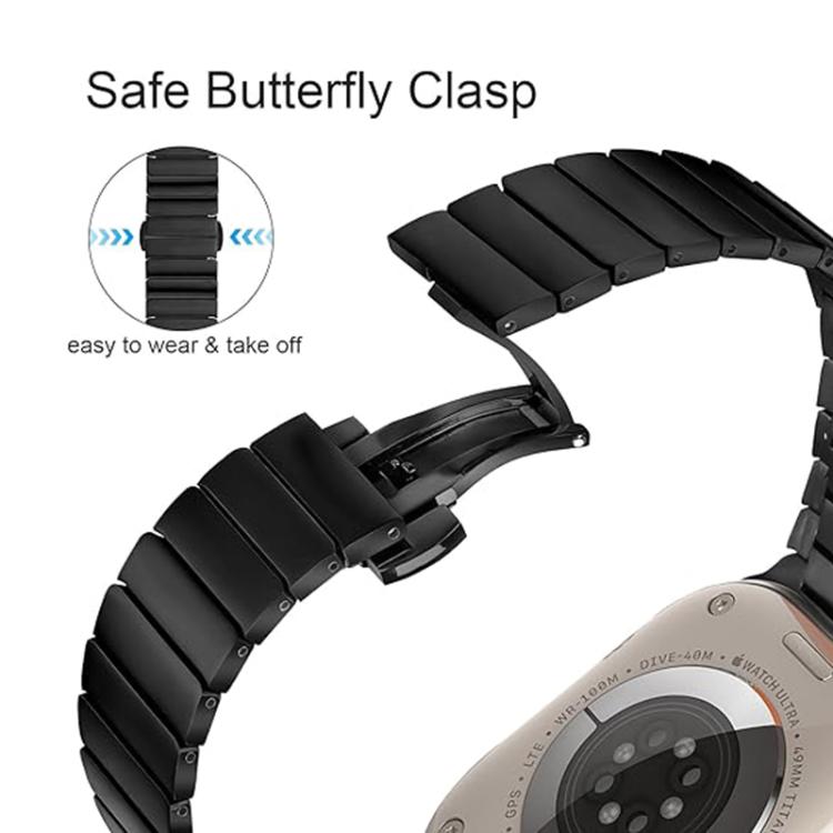 Black metal link watch band with an open butterfly clasp