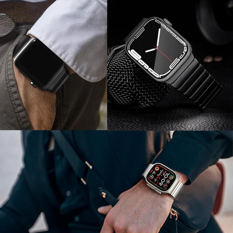 Metal link watch band shown on wrists in black and silver finishes