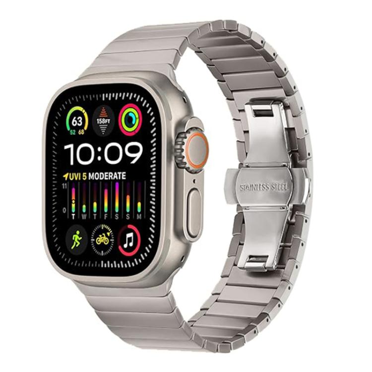 Grey metal link watch band with a butterfly clasp