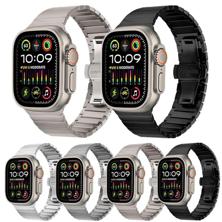 Metal link watch band displayed in silver and black finishes