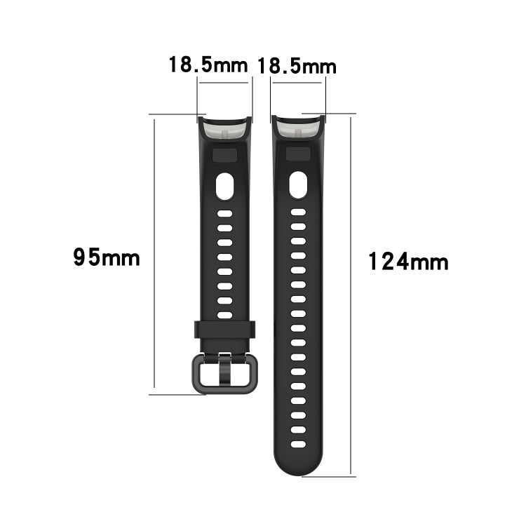 Silicone strap size diagram with metal buckle, showing strap width and length in mm