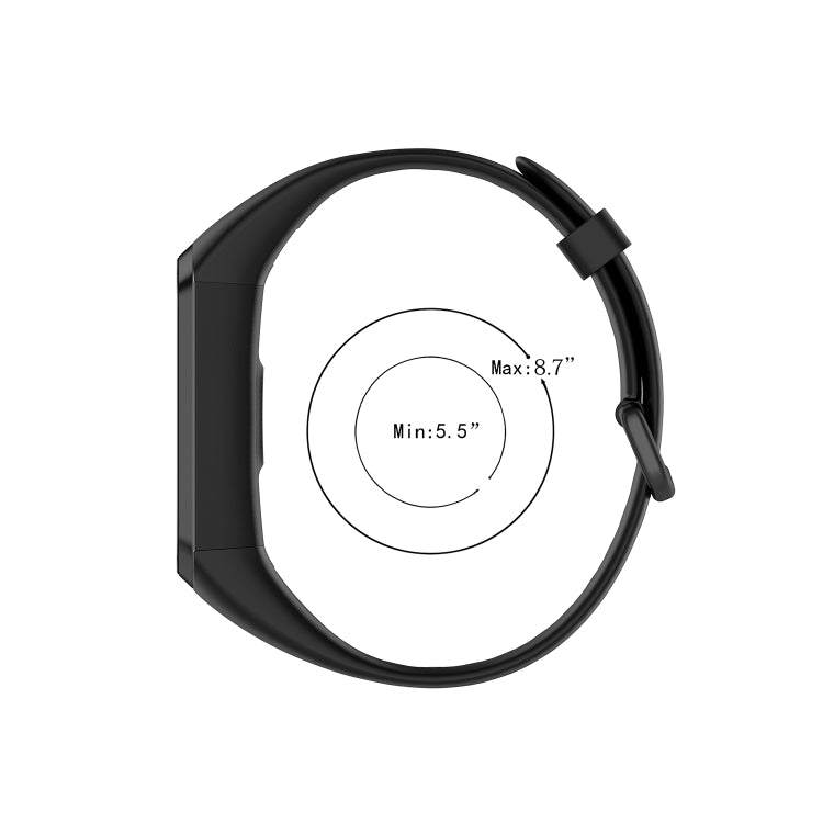 Metal buckle silicone smartwatch strap in black, adjustable fit range shown in inches