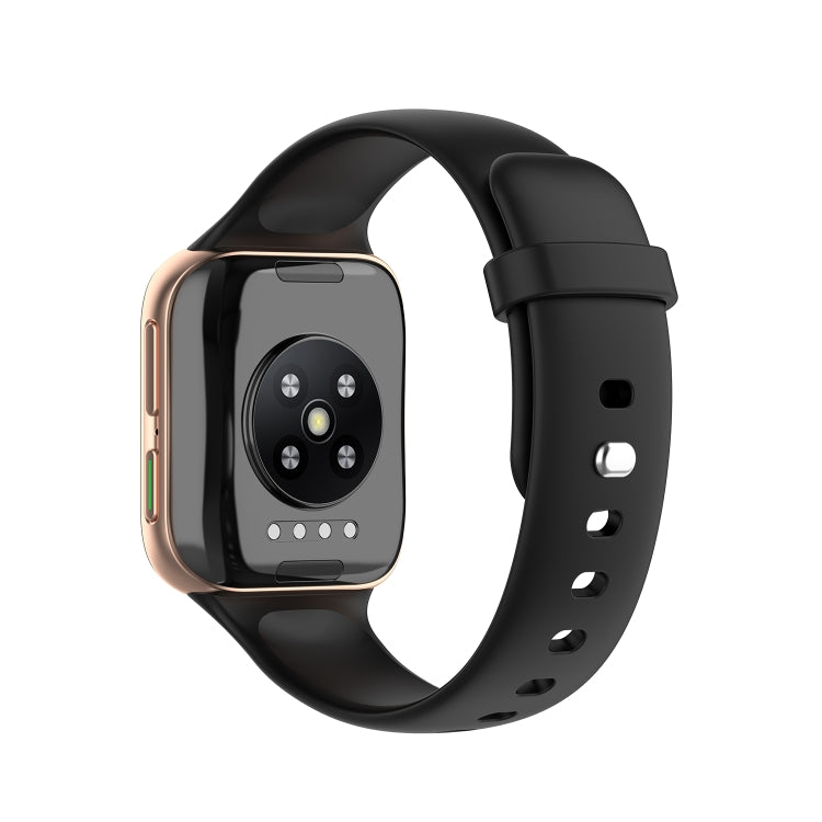 Black silicone watch strap with pin-and-hole clasp, worn on a smartwatch