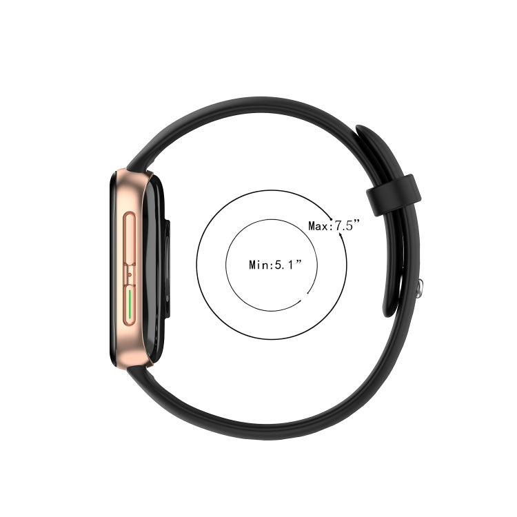 Black silicone watch strap with adjustable pin holes and smartwatch attachment