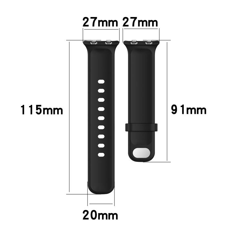Black silicone watch strap dimensions shown: 115mm length and 20mm width