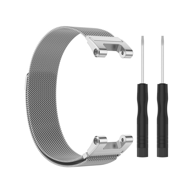 Metal Milan watch strap with included tool pieces, black handles and silver clasp hardware