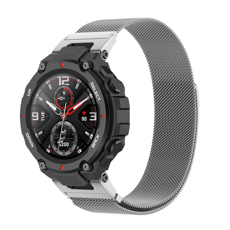 Gray Milan mesh watch band with black watch case and red-accent dial