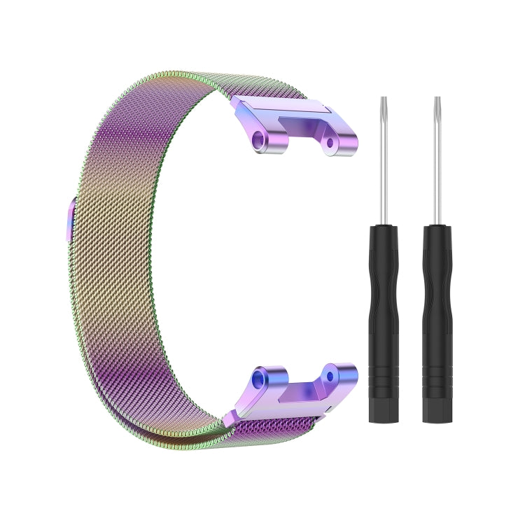 Colorful Milan mesh watch strap with purple clasp and two utility tools, wrist band