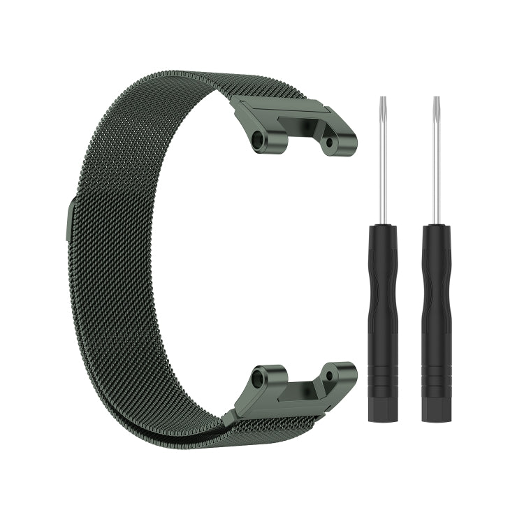 Olive green Milan mesh watch strap with green clasp and two utility tools