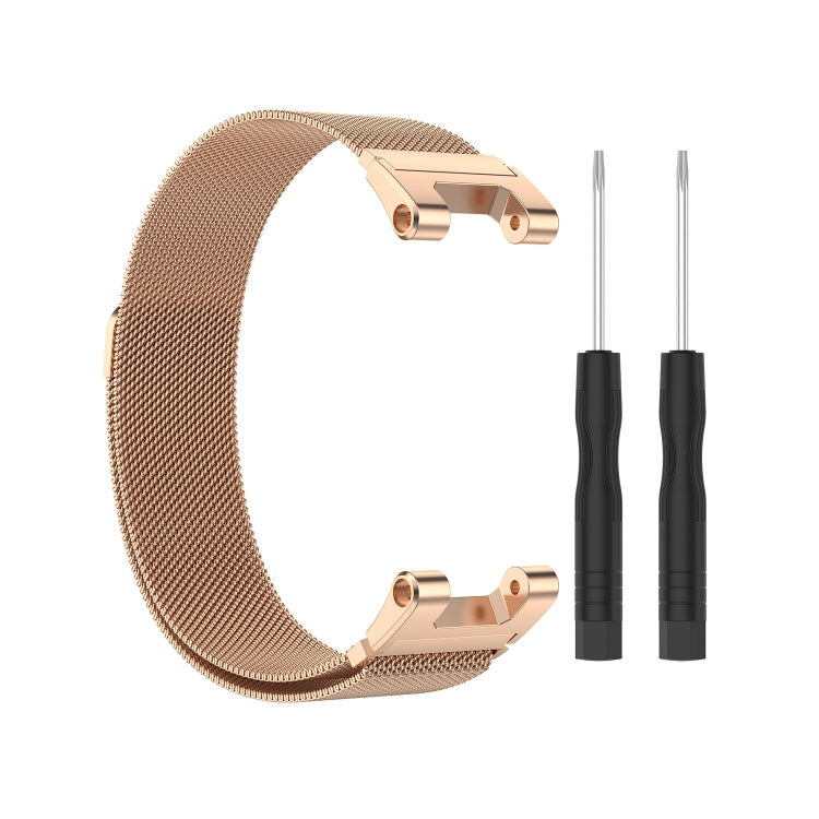 Beige Milan mesh watch strap with rose gold clasp and two utility tools
