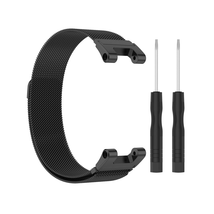 Charcoal Milan mesh watch strap with dark clasp and two utility tools