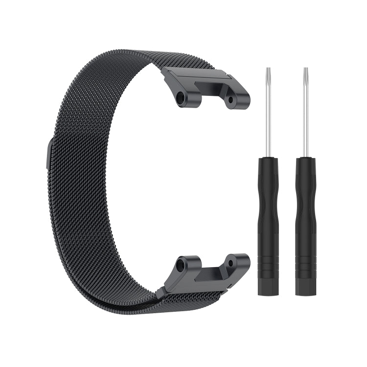 Dark gray mesh replacement smartwatch strap with gray clasp and two fastening tools