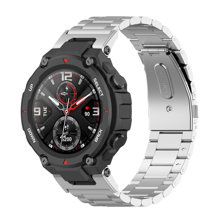 Stainless steel watch strap with black watch face and metal bracelet, silver color
