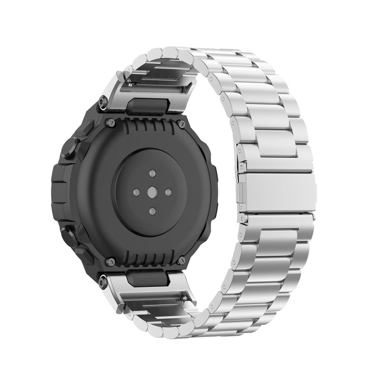 Stainless steel watch strap with black back housing and silver metal bracelet