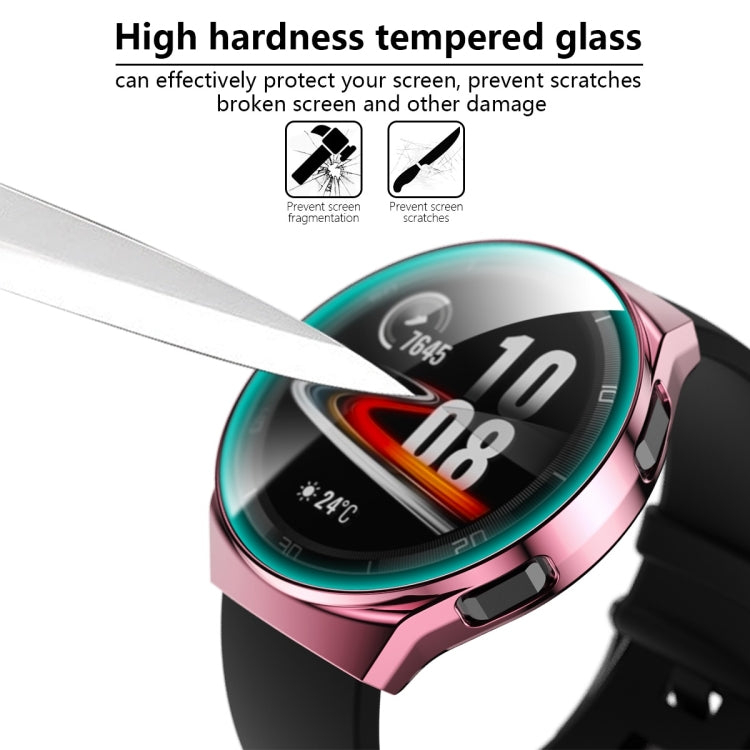 Tempered glass screen protector on a plated watch case with smartwatch display