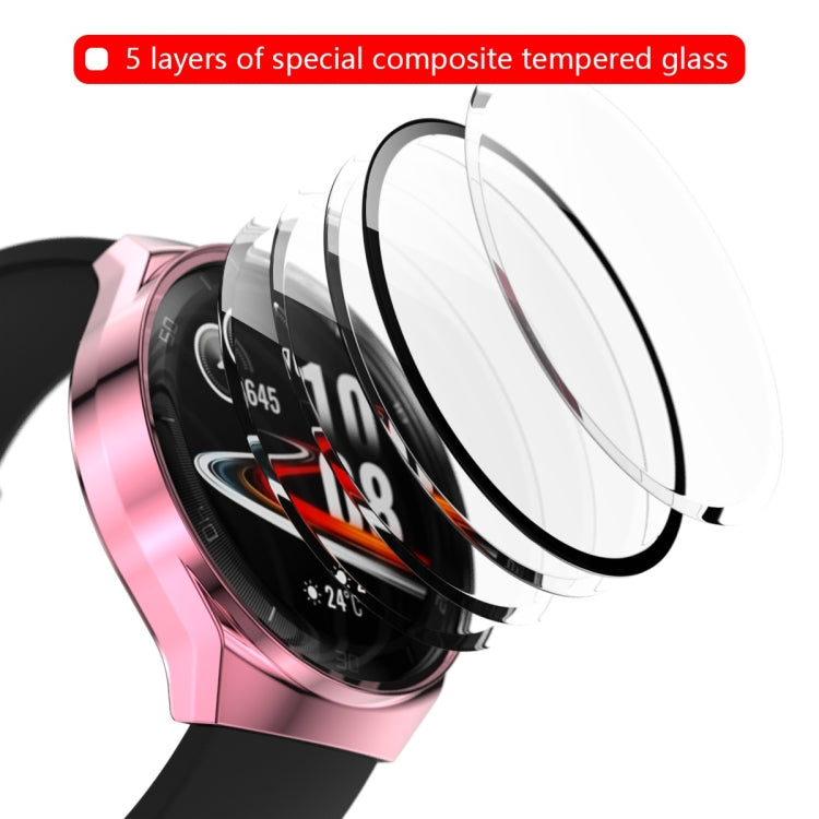 Tempered glass screen protector with 5-layer composite on a plated watch case