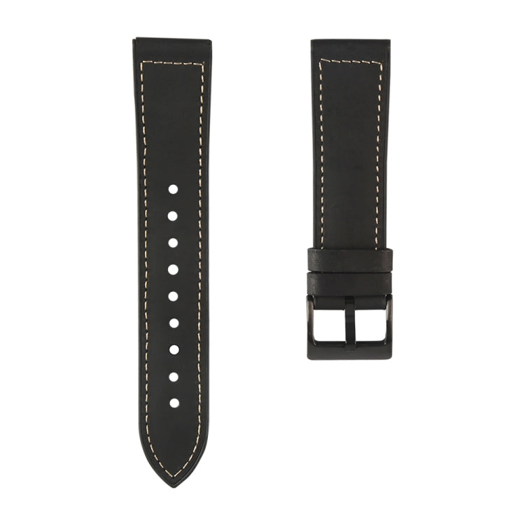 Black watchband strap with stitched holes and black buckle clasp