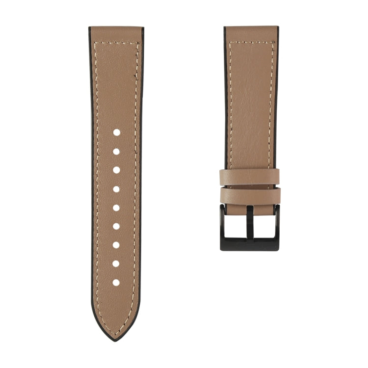 Tan leather-look watchband strap with white stitching and dark buckle clasp