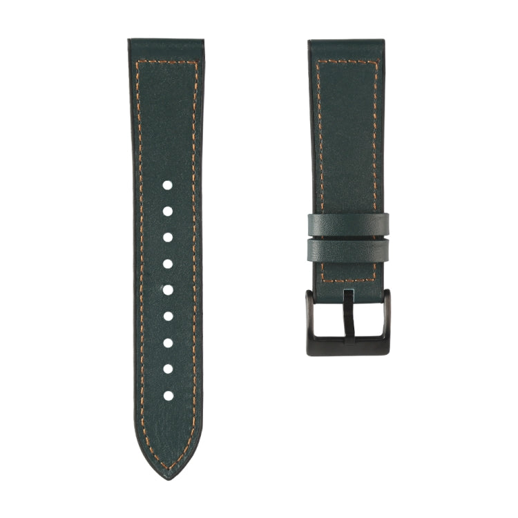 Dark green leather-look watchband strap with orange stitching and dark buckle