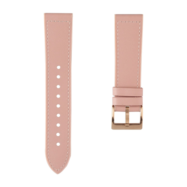 Light pink leather-look watchband strap with white stitching and gold buckle
