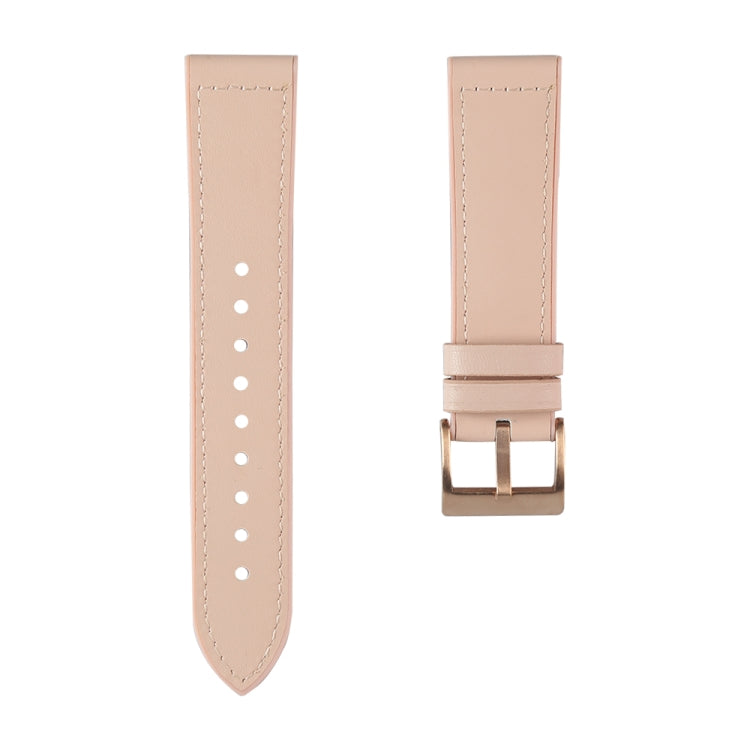 Beige leather-look watchband strap with white stitching and rose-gold buckle