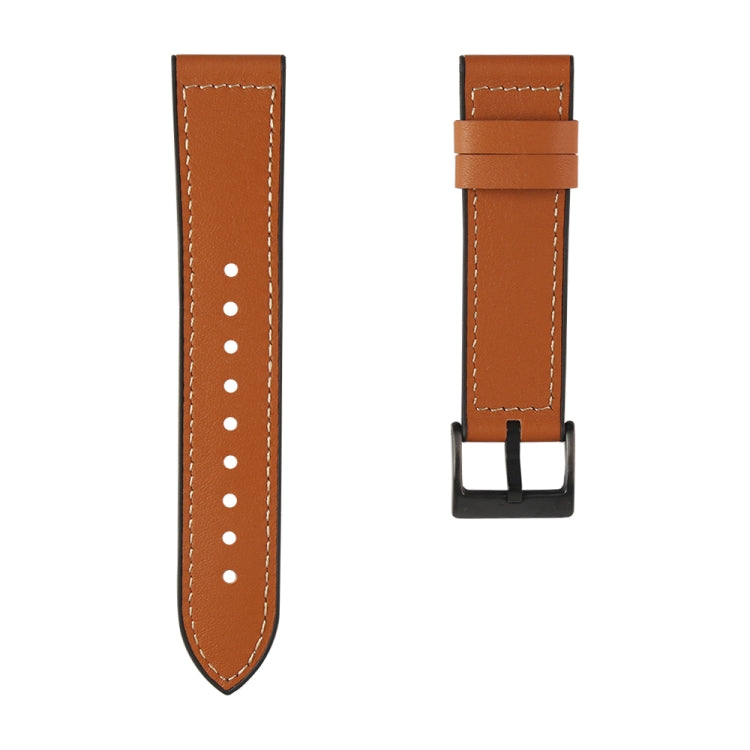 Brown leather-look watchband strap with white stitching and dark buckle clasp