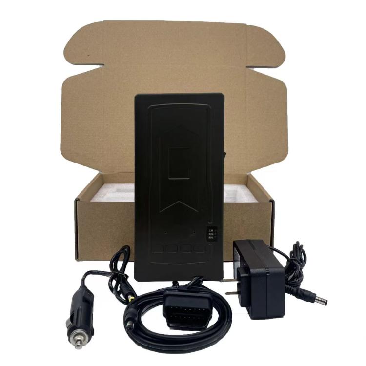 Dark blue signal jammer kit with device, cables, and power adapter in box