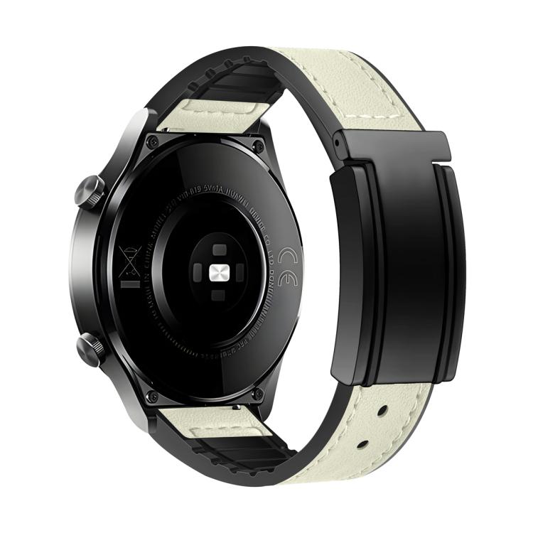 Cream watch band with stitched finish and black magnetic folding buckle