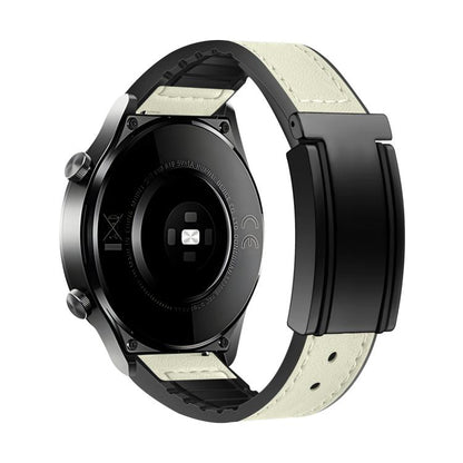 Cream watch band with stitched finish and black magnetic folding buckle