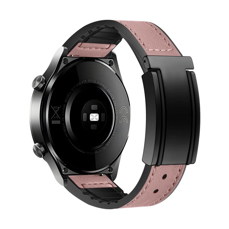 Pink watch band with stitched finish and black magnetic folding buckle