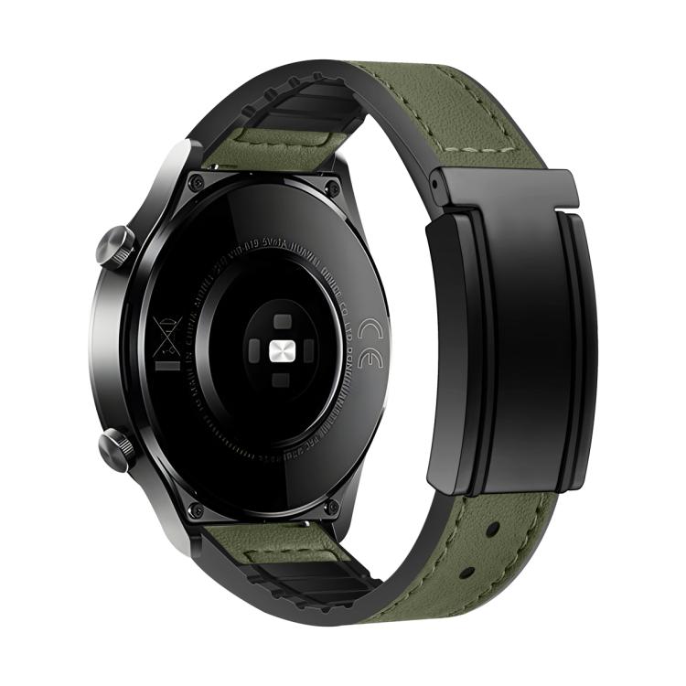 Olive green watch band with stitched finish and black magnetic folding buckle