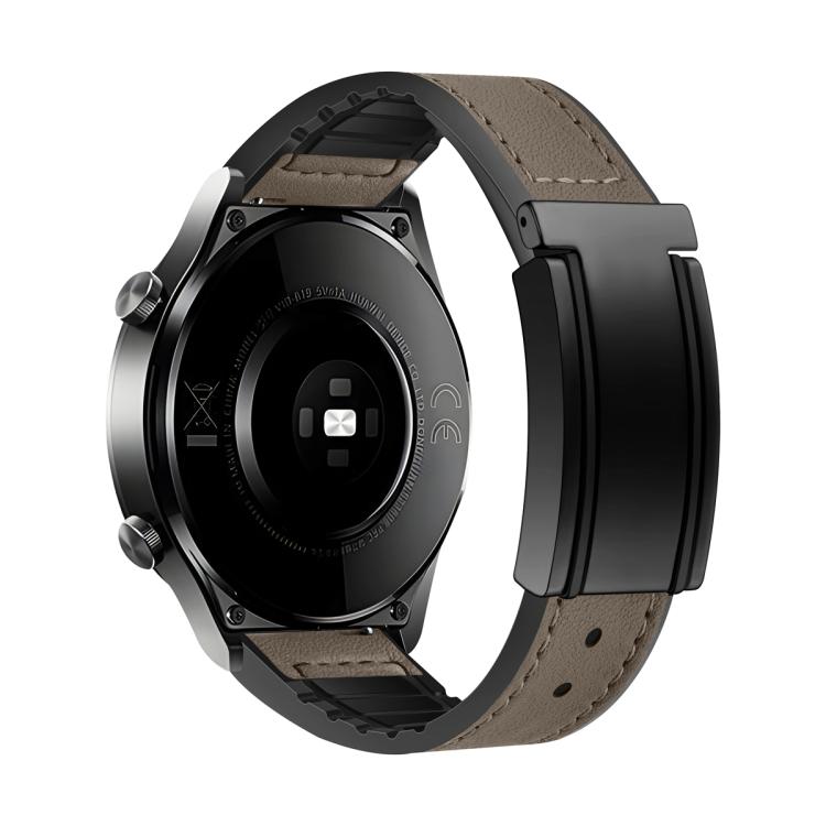 Brown watch strap with adjustable holes and black T-shaped magnetic clasp