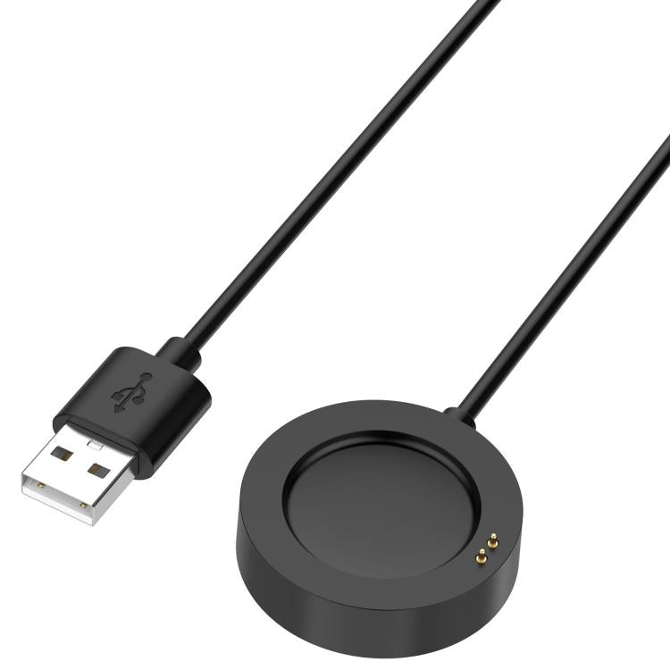 Black smartwatch charging cable with angled view of the magnetic pad and USB-A connector