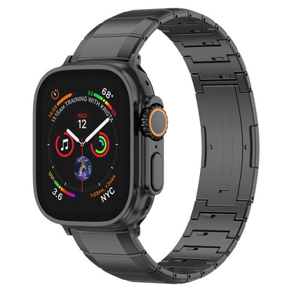 Black titanium link watch band shown on an Apple Watch with activity display