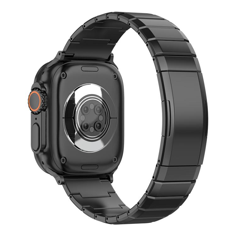 Black titanium link watch band shown on the back of an Apple Watch