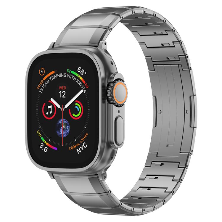 Gray titanium link watch band shown on an Apple Watch with activity display
