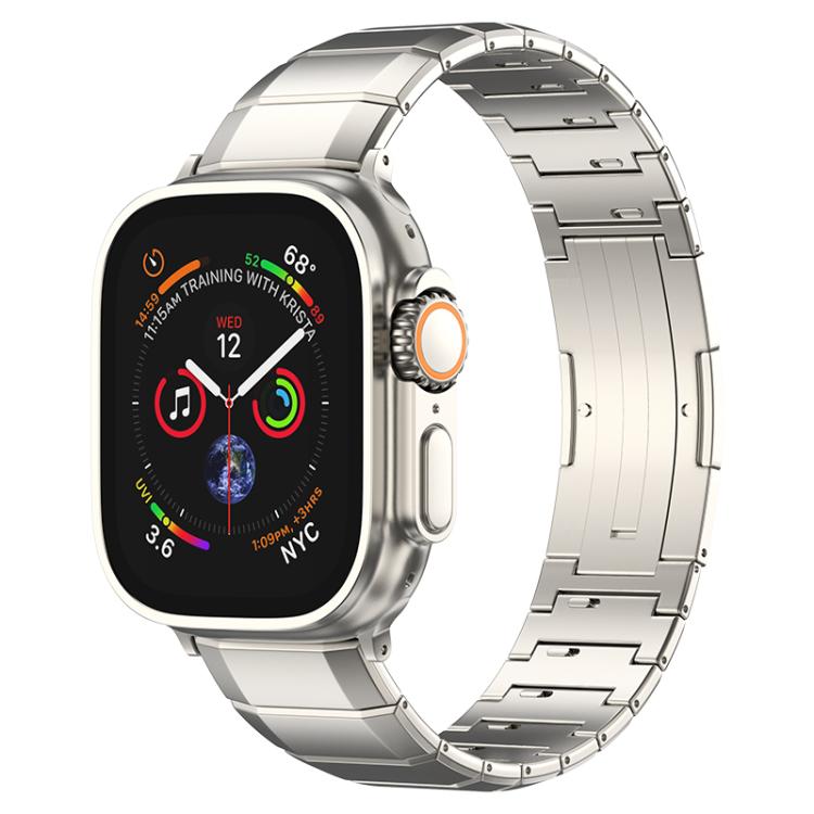 Silver titanium link watch band shown on an Apple Watch with activity display