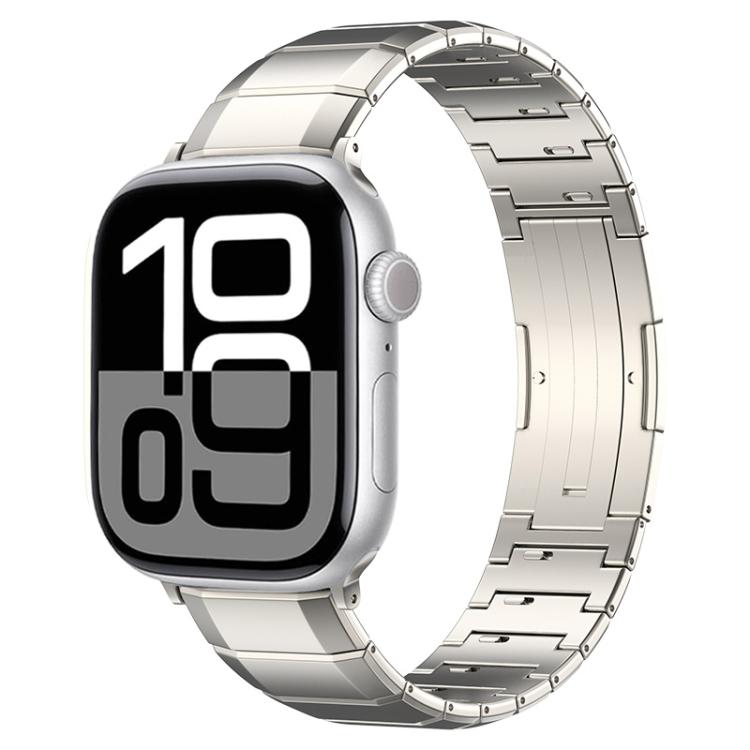 Silver titanium link band on a silver Apple Watch with digital time display
