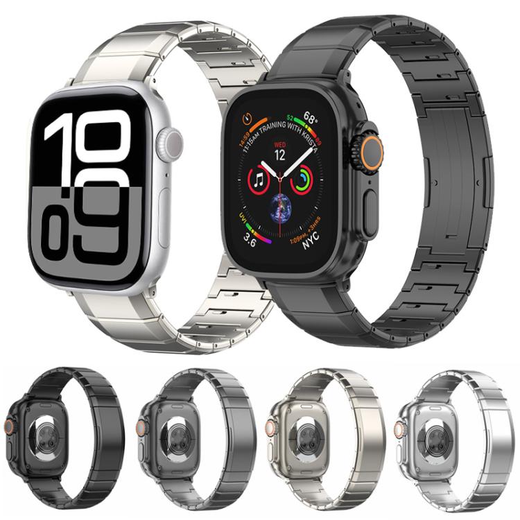 Titanium link watch bands in black and silver, with alternate colors shown below
