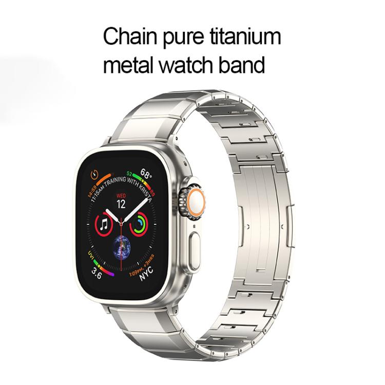 Silver titanium link watch band on an Apple Watch with activity display