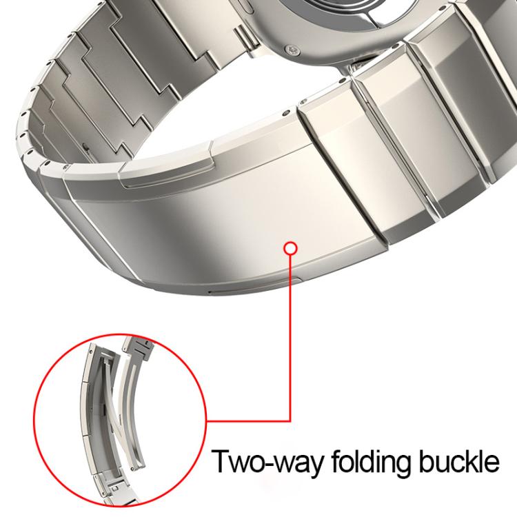 Titanium Apple Watch band with a two-way folding buckle and linked metal design