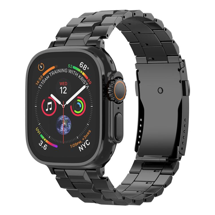 Black titanium link watch band with a folding clasp on an Apple Watch